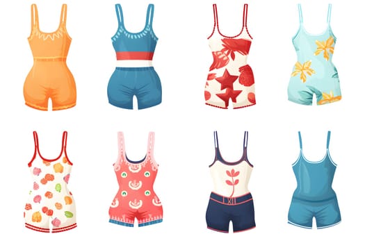 a set of vintage swimwear for girls and women. Different swimsuits for swimming in the pool and on the beach isolated on a white background. A girl's wardrobe for a beach holiday