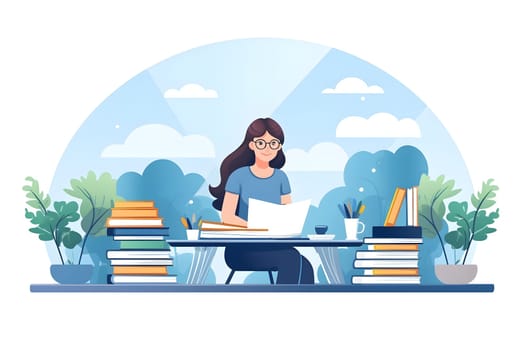 stylish and diligent student girl, immersed in reading a fascinating book. Her smart eyes glide over the pages with interest, and her hands busily make notes in her notes.