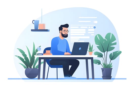 a male entrepreneur in a video chat with a business partner. Remote work or freelance. The designer coordinates the project. Lifestyle. illustration. working on a laptop in a cozy atmosphere