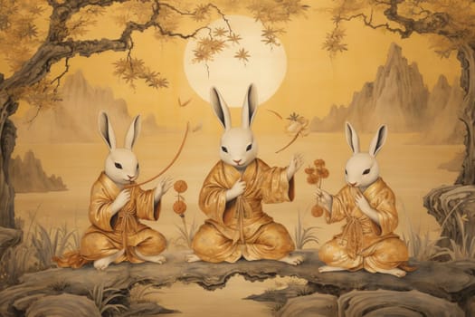 Within the realm of fantasy, playful moon rabbits frolic, their presence bringing luck and fortune to those fortunate enough to encounter them.