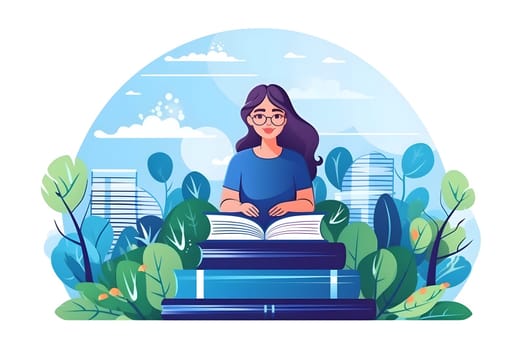 The girl student in the illustration amazes with her genuine delight in knowledge. She is deep in reading a book, and her face reflects admiration and surprise from every new information she learns