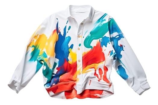 white jacket or shirt doused with bright colors, isolated on a white background. unusual clothes. the jacket is stained with paint. foreground. stylish fashionable design.