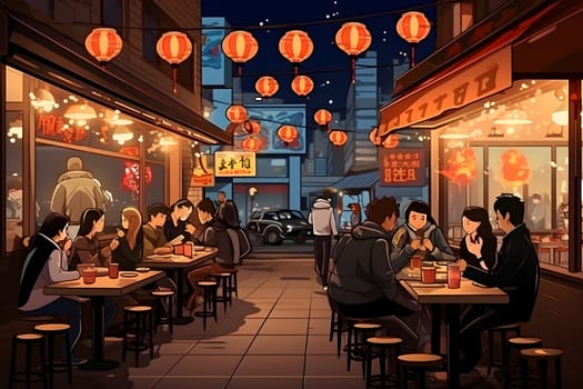 people eat in a Japanese street restaurant in the anime style. a beautiful Japanese restaurant-bar on a city street in the evening light. asian architecture