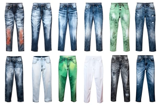 set of blue, green and gray fashionable jeans isolated on white background. Men's clothing set of blue jeans front view. stylish fashionable design.