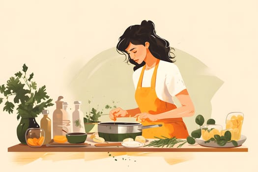 The girl cooks dinner in a cozy home kitchen trying new recipes. Bold culinary experiments. Traditional local dishes. Lifestyle. Healthy eating. illustration