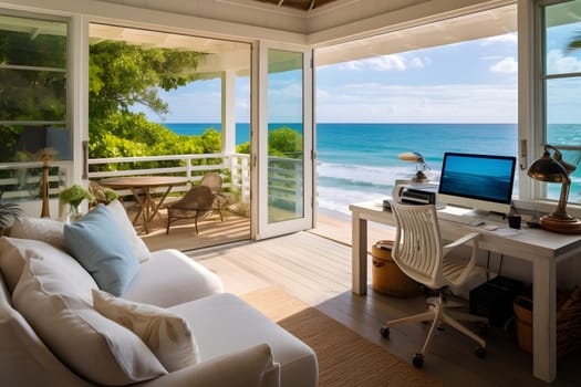 Cozy office with a computer table with a beautiful view of the sea. lifestyle. Stylish furniture and furnishings for relaxed freelance work