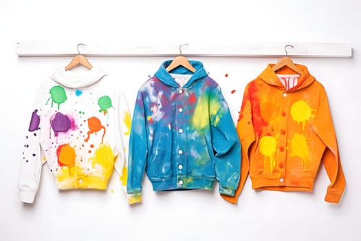 sweatshirts drenched in bright colors isolated on a white background. a set of clothes. jackets stained with paint. front view. stylish fashion design.