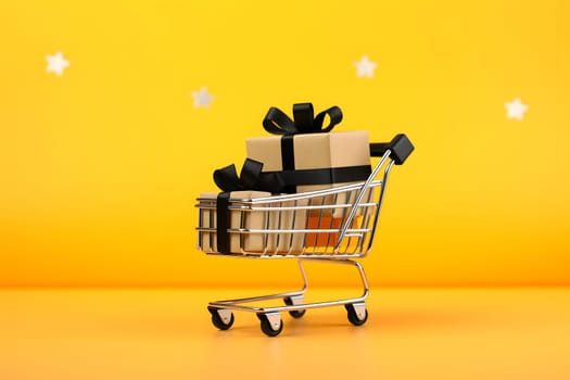 a supermarket cart with a gift box tied with a ribbon. Yellow background. a shopping basket full of gift boxes with ribbons on a yellow background. Space for copying. The concept of sales, discounts, purchases and delivery