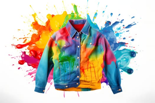 jacket doused and sprayed with bright colors isolated on a white background. unusual clothes. the jacket is stained with paint. front view. stylish fashion design.