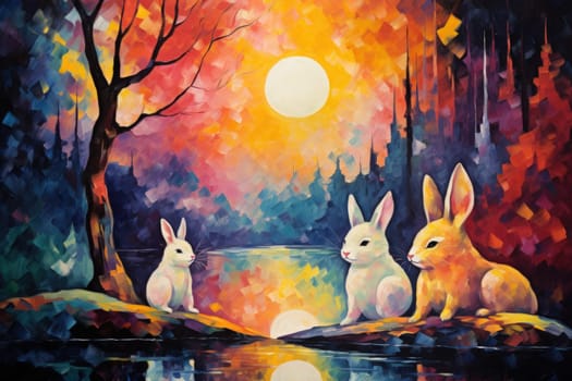 Within the realm of fantasy, playful moon rabbits frolic, their presence bringing luck and fortune to those fortunate enough to encounter them.