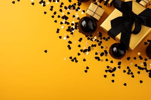 holiday gifts in yellow and black gift boxes with gold confetti with gold sequins and black ribbons on a yellow background. Congratulations. The background of the celebration. Space for copying.