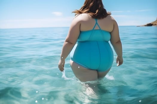 body positive. a plump woman in a closed turquoise swimsuit enters the ocean water to swim on a hot sunny day on vacation