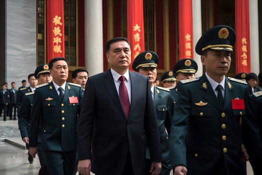 Chinese officials in suits at a political meeting. Chinese leaders and diplomats in an official setting. Hot topics in politics. Summit meetings