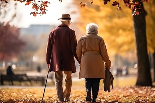 Rear view of a mature couple strolling through the park. An active married couple of elderly people slowly walk through the park on an autumn day