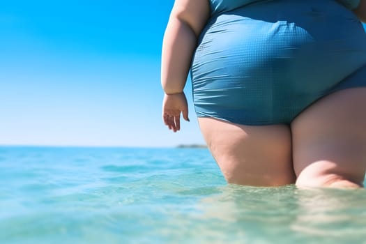 body positive. a rear view of a plump girl in a closed turquoise swimsuit who enters the ocean water to swim on a hot sunny day on vacation