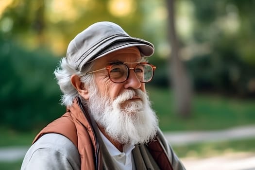 positive mature man wearing vision glasses and a cap, with a gray beard, enjoying an autumn walk in the park. He smiles, lost in thought and enjoying himself