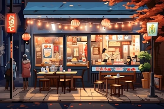 japanese street restaurant in anime style. a beautiful Japanese restaurant-bar on a city street in the evening light. asian architecture