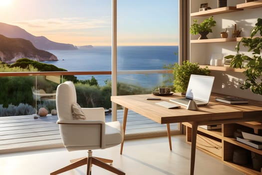 Cozy office with a computer table with a beautiful view of the sea. Stylish Light wooden furniture, an armchair and indoor green plants.lifestyle. an environment for relaxed freelance work