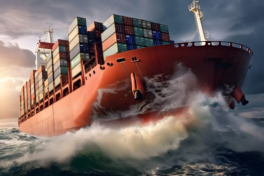 a cargo ship carrying containers in the middle of the ocean and big waves. a storm at sea. loaded container ship at sea, cargo delivery by ship. business logistics. transportation of goods on the high seas.