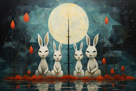 Within the realm of fantasy, playful moon rabbits frolic, their presence bringing luck and fortune to those fortunate enough to encounter them.