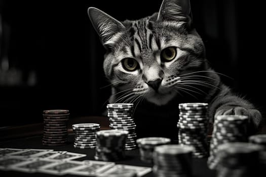 A cat at a poker table with stacks of chips in black and white. Gambling concept.