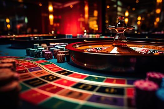 Casino, close-up of roulette on a playing table, stacks of chips. Gambling concept.