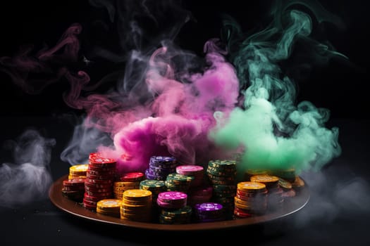 Playing chips in clouds of colored smoke. Close-up. Gambling concept.