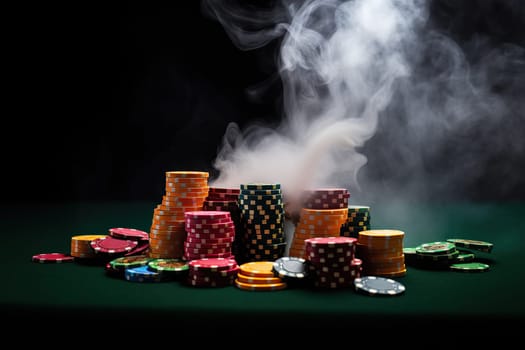 Gaming table with colorful chips in clouds of cigarette smoke. Close-up. Gambling concept.