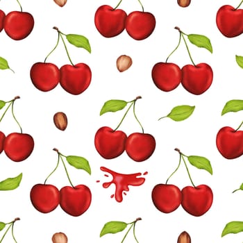 Vibrant, juicy cherries adorn this seamless watercolor pattern. Ideal for kitchen decor, recipes, textiles, jam labels, aprons, packaging, juices, cherry sweets, and gum wrappers.