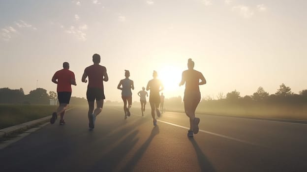 Silhouettes of a group of people running on the road, in the morning light, rear view