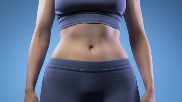 The body of a slender woman in a grey sportswear, close-up.