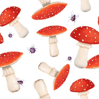 watercolor seamless pattern. poisonous fly agaric mushrooms with spiders, forest fungi. for textiles, kitchen decor, children's wallpapers, stationery, covers, and wrapping paper. Halloween atmosphere.