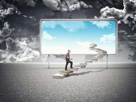 man on books steps and blue sky