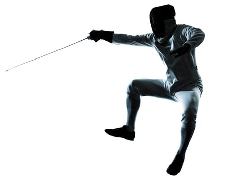 one man fencing silhouette in studio isolated on white background