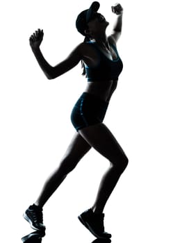 one caucasian woman runner jogger tired breathless in silhouette studio isolated on white background