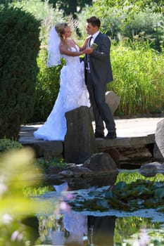 Just married wedding couple in a part outdoor