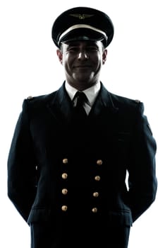 one caucasian man in airline pilot uniform  in studio isolated on white background