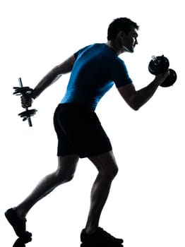 one caucasian man exercising weight training workout fitness in silhouette studio  isolated on white background