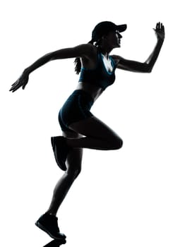 one caucasian woman runner jogger in silhouette studio isolated on white background