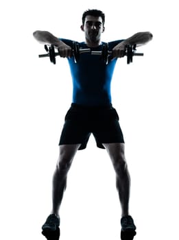 one caucasian man exercising weight training workout fitness in silhouette studio  isolated on white background