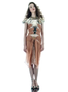 one young beautiful woman fashion model in on aura tout vu brown silk fantasy haute couture summer dress in studio white background