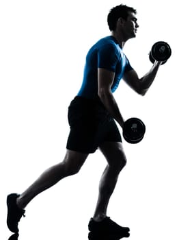 one caucasian man exercising weight training workout fitness in silhouette studio  isolated on white background