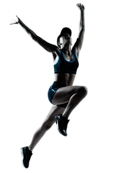 one caucasian woman runner jogger jumping in silhouette studio isolated on white background