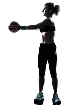 one caucasian woman exercising fitness ball workout posture in silhouette studio isolated on white background
