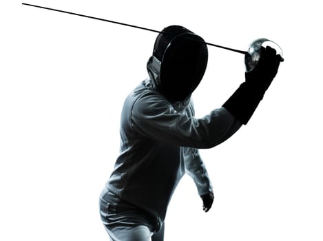 one man fencing silhouette in studio isolated on white background