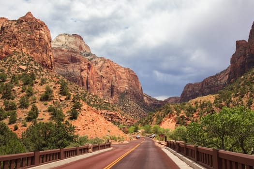Road through Zion national Park in Utah, USA