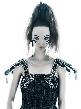 one young beautiful woman fashion model in on aura tout vu silk black fantasy haute couture summer dress in studio white background