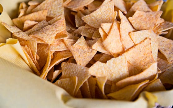 Triangular chips salted and spiced are in dish