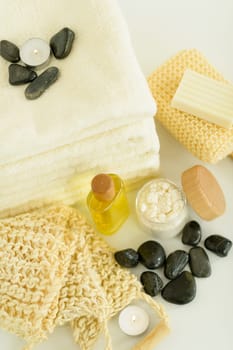 Close-up of spa body care products wellness treatment