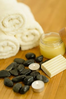 Close-up of spa body care products wellness treatment